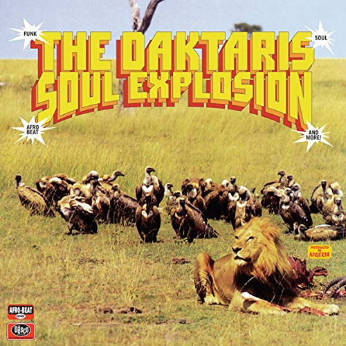 Album cover: a lion surrounded by vultures in a grassy field.