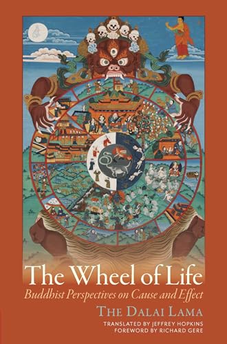 Colorful Buddhist Wheel of Life painting with hands and text below.