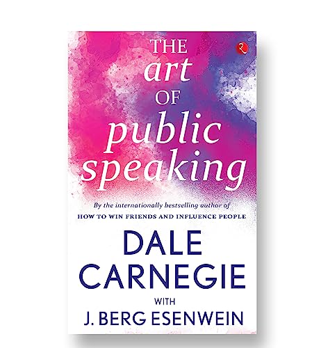 Book cover: "The Art of Public Speaking" by Dale Carnegie, colorful abstract design.