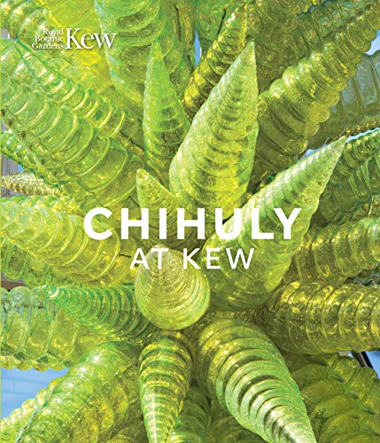Close-up of green glass sculpture installation, “Chihuly at Kew” book cover.