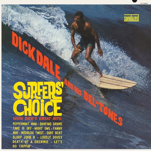 Dick Dale surfing on a wave, album cover for Surfers Choice with track list.