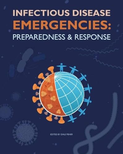Book cover: "Infectious Disease Emergencies" with virus and people illustrations.