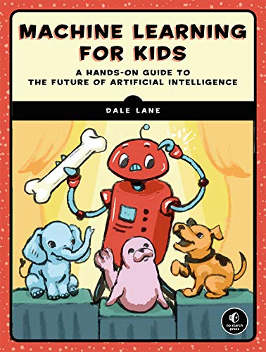 Book cover with red robot, animals, and bone, teaching machine learning.