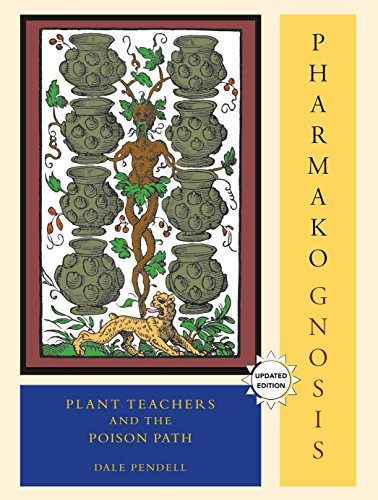 Book cover titled Pharmako Gnosis featuring a central plant figure, vessels, and a leopard.