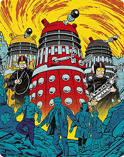 Red Dalek and soldiers in a comic-book style, dystopian cityscape background.