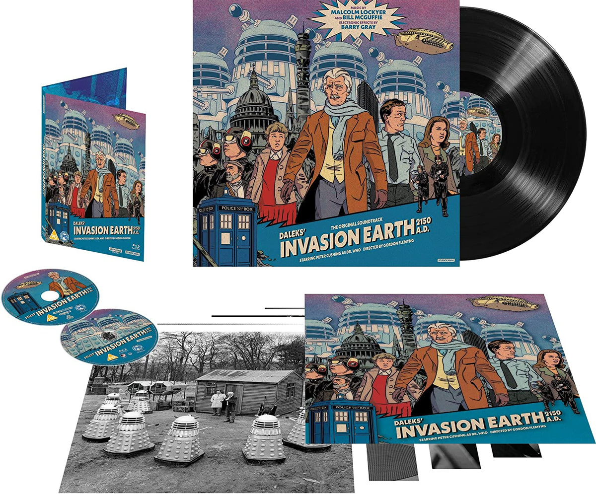 Daleks Invasion Earth" collector’s set: vinyl record, Blu-ray, and bonus images.
