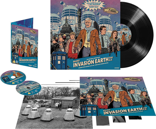 Daleks Invasion Earth" collector’s set: vinyl record, Blu-ray, and bonus images.