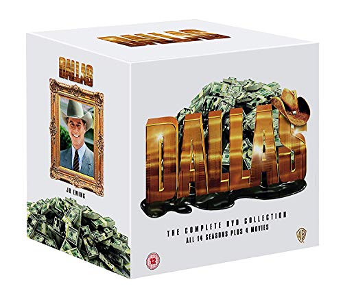 White DVD box set for “Dallas” seasons 1-14, with images of cowboys and money.