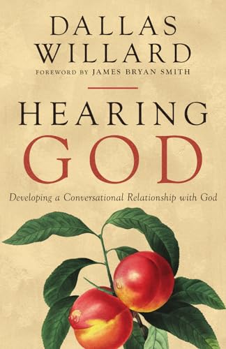Book cover with title "Hearing God" and illustration of fruit.