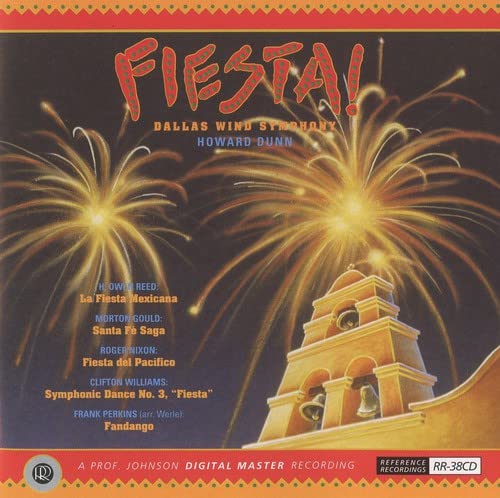 CD cover for “Fiesta!” by Dallas Wind Symphony with fireworks and a bell tower.