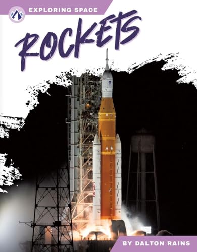 Book cover featuring a tall orange and white rocket on a launchpad.