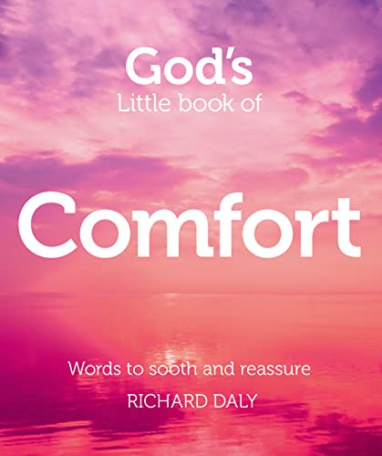 Book cover with pink and purple sky, title “God’s Little Book of Comfort.”