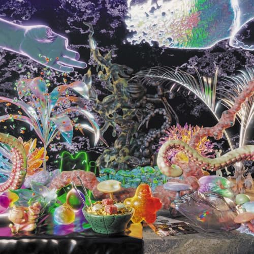 Surreal album cover with colorful plants, a hand, and abstract forms.