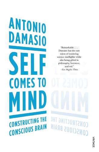 Book cover: "Self Comes to Mind" by Antonio Damasio, white background.
