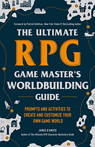 Book cover titled The Ultimate RPG Game Master's Worldbuilding Guide with map-themed background illustrations.