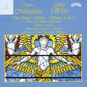 CD cover for Messiaen’s organ works, featuring stained-glass angel imagery.