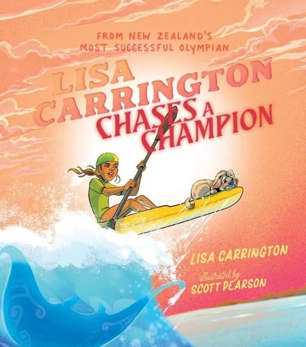 Colorful illustration of a determined woman, Lisa Carrington, paddling a canoe or kayak.