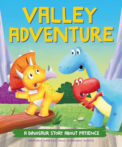 Children’s book cover with three colorful cartoon dinosaurs in a valley.