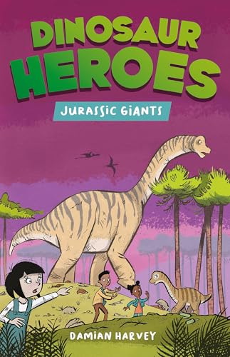 Book cover with illustrated dinosaurs, children, and a purple landscape.