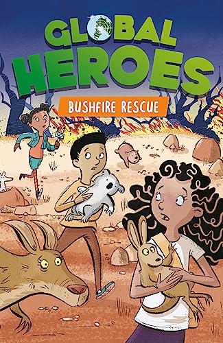 Book cover: children and animals fleeing a burning bushfire.