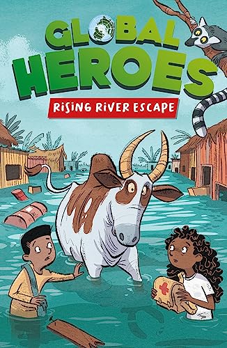 Book cover showing two children and a cow in floodwaters near village huts.
