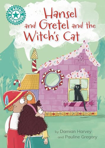 Book cover: Hansel, Gretel, a black cat, and a candy-decorated house.