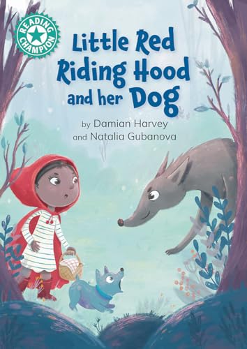 Book cover featuring Little Red Riding Hood, a small dog, and a wolf in woods.