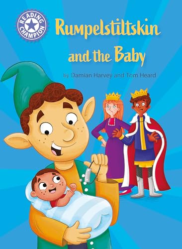 Rumpelstiltskin holding a baby, with a queen and king behind him.