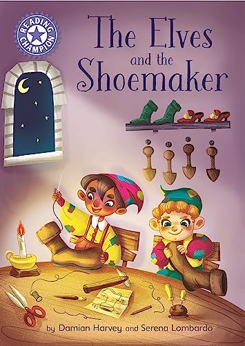 Book cover showing two elves making shoes at a workbench at night.