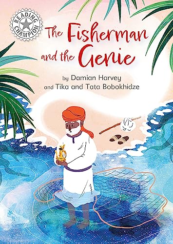 Book cover: fisherman with a genie emerging from a lamp by the sea.