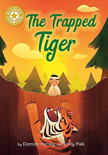 Book cover: boy and tiger in a forest, sunset background.