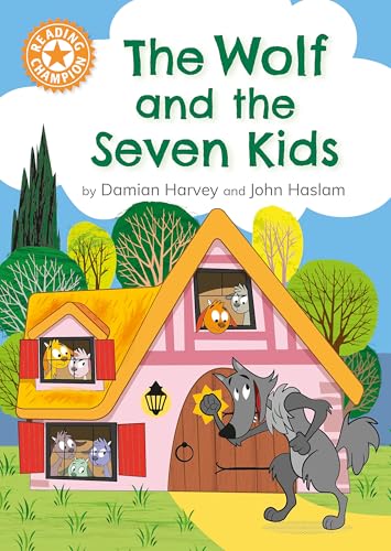 Book cover: a wolf near a pink house with kid goats inside.