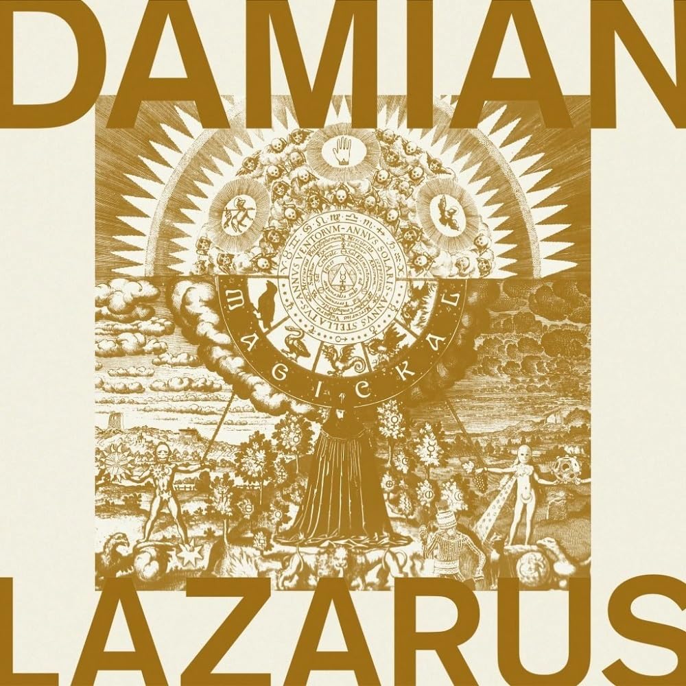 Damian Lazarus Magickal vinyl cover featuring gold alchemical illustrations on a cream background.