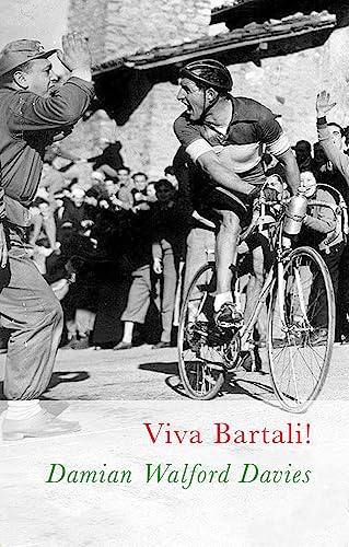 Black and white photo of Gino Bartali cycling past a crowd with text below.