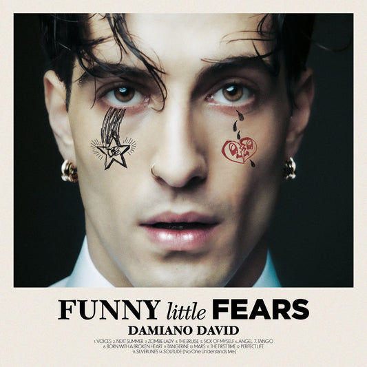 Damiano David album cover, "Funny Little Fears," with painted face and tracklist.
