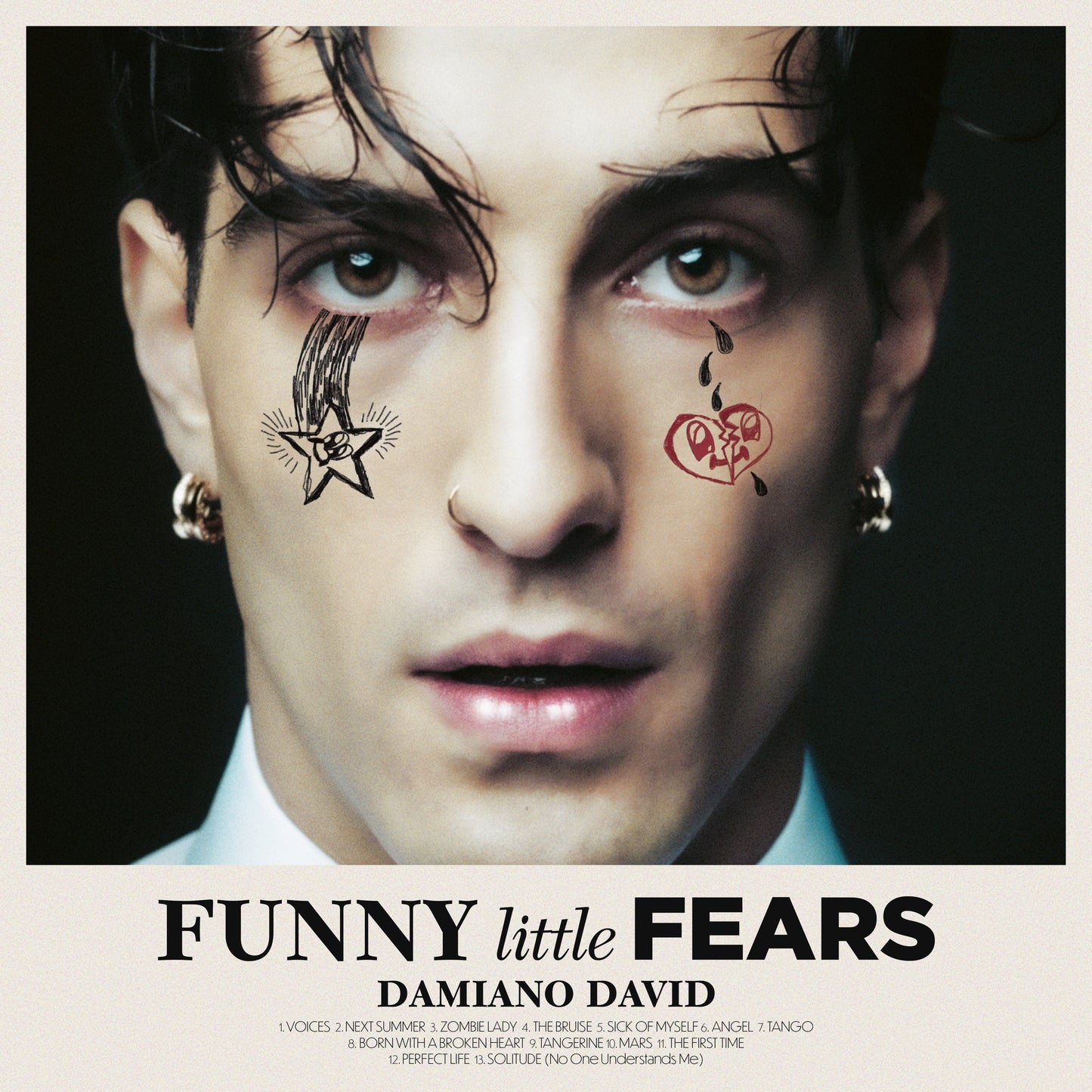 Damiano David album cover, “Funny Little Fears,” with portrait and graphic details.