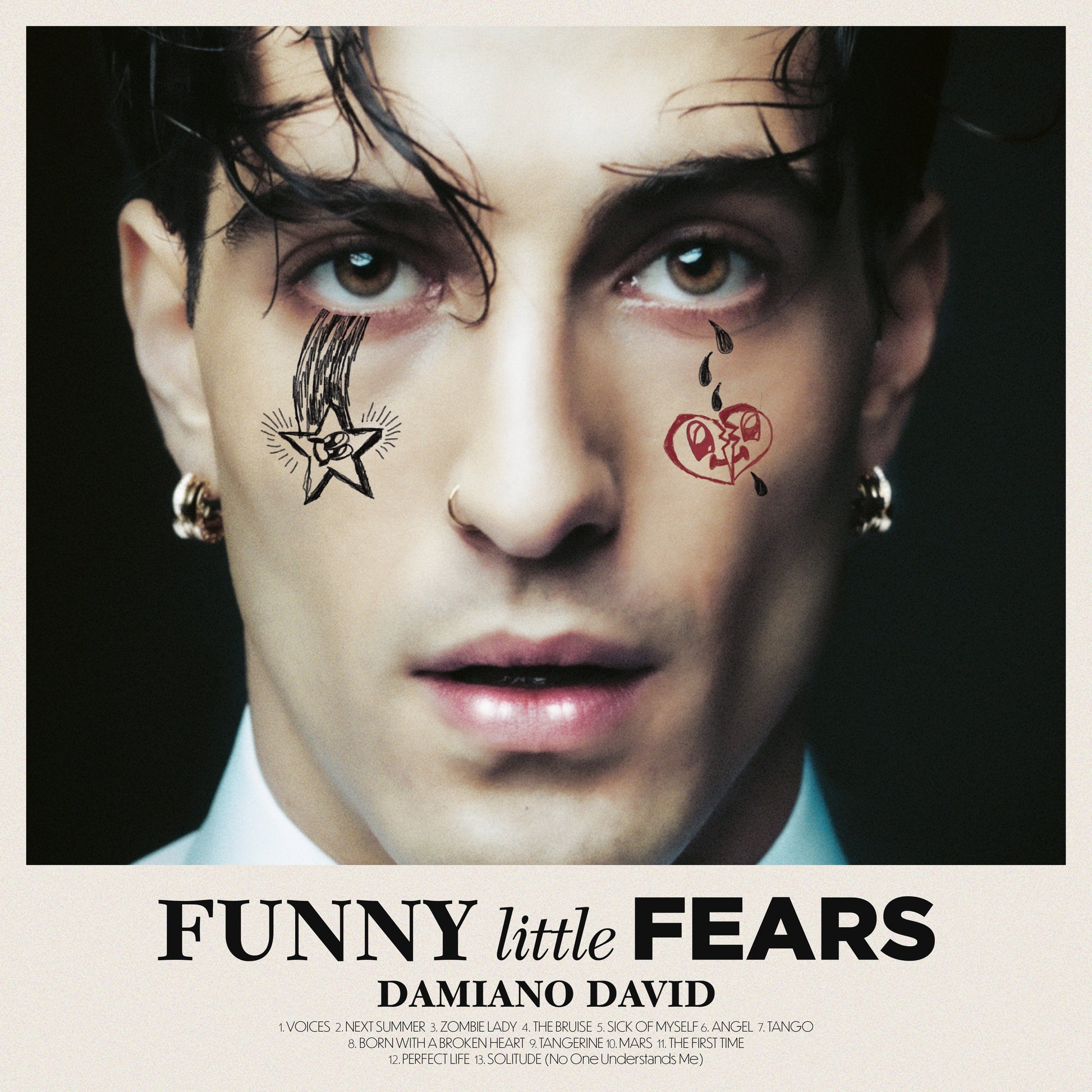 Damiano David album cover, “Funny Little Fears,” with portrait and graphic details.
