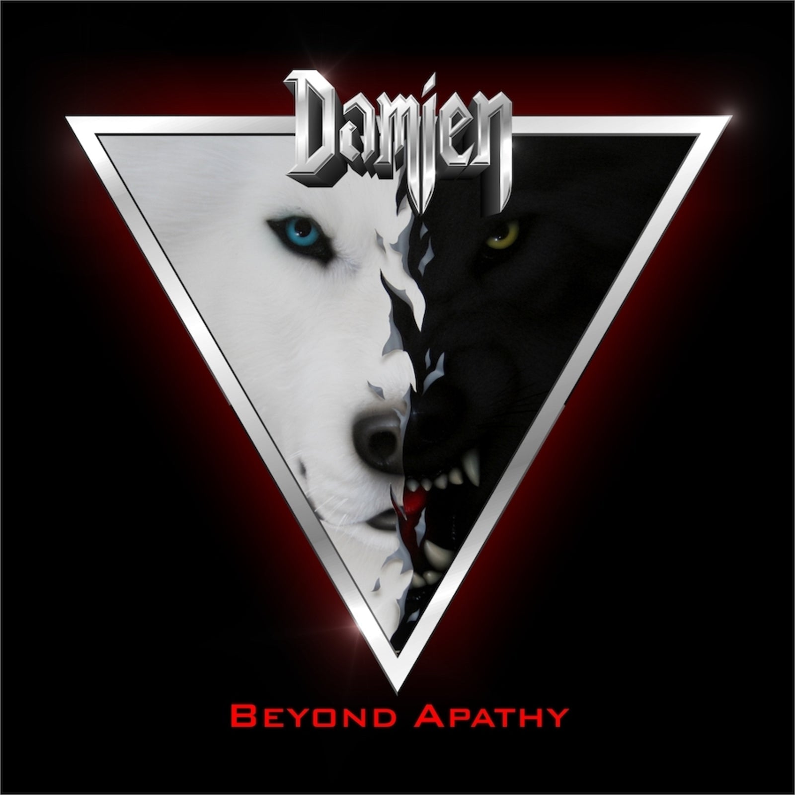 CD cover: “Damien - Beyond Apathy” with wolf and triangle design.