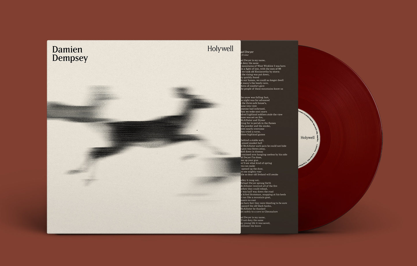Damien Dempsey Holywell album cover with lyrics and a dark red vinyl record.