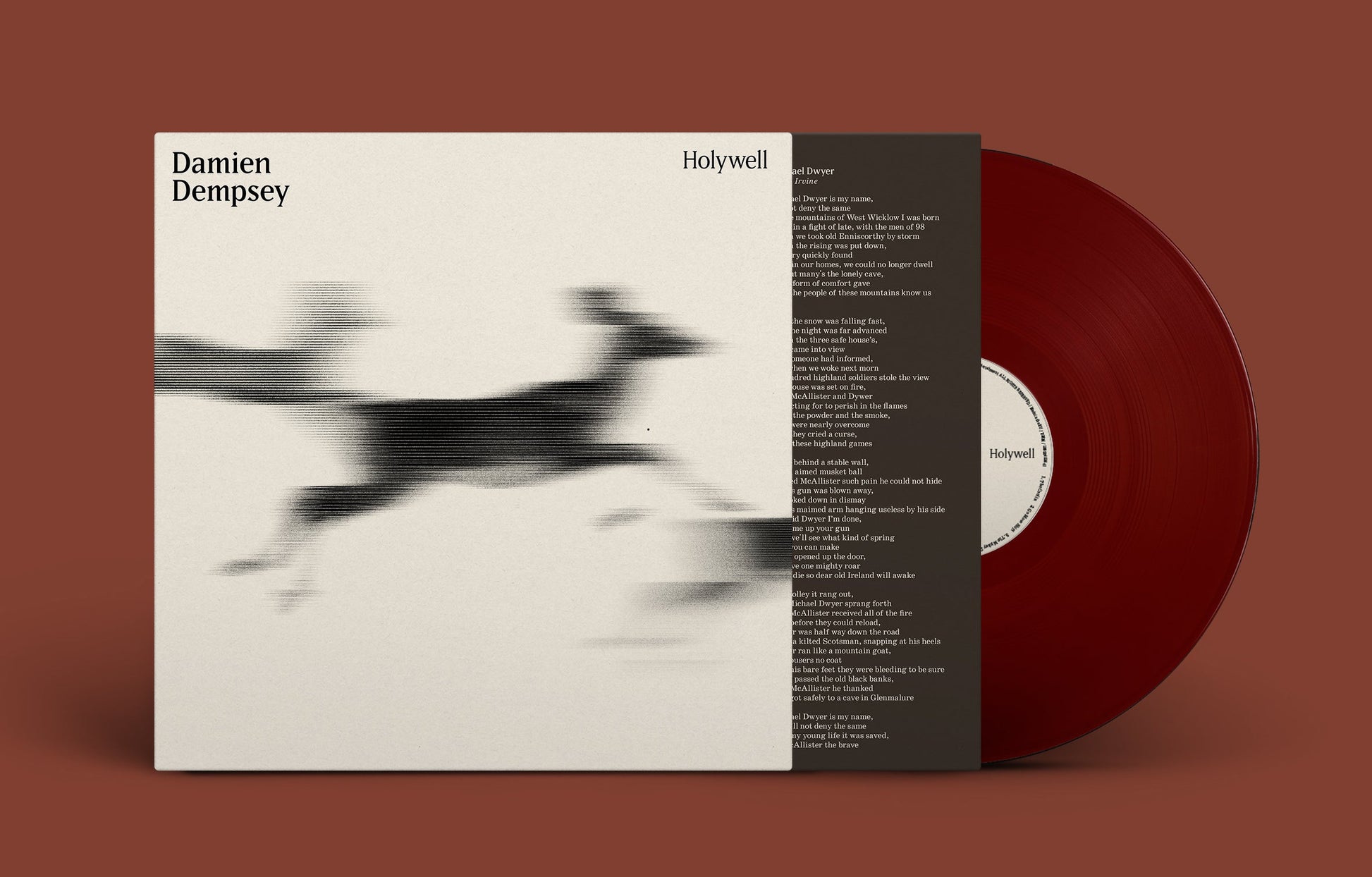 Damien Dempsey Holywell album cover with lyrics and a dark red vinyl record.