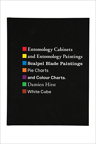 Black book cover with colorful text listing “Damien Hirst” and art series.
