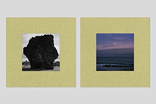 Two framed square photos: a rock formation and a moonlit seascape.