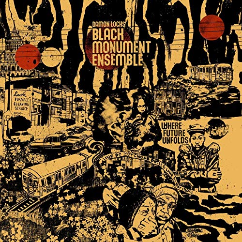 Vintage-style album cover with figures, city scenes, and red circular elements.