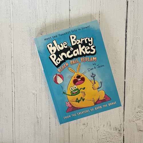 Book cover for Blue, Barry & Pancakes: Beach Ball Bedlam featuring cartoon characters on blue.