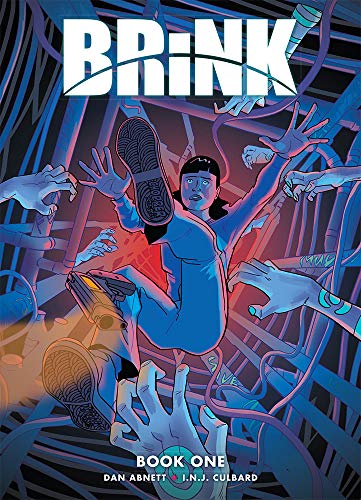 Comic book cover: a person falling amidst reaching hands and blue circuitry.