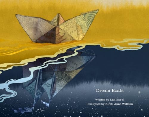 Paper boat with map details floats on wavy water, illustrated style.