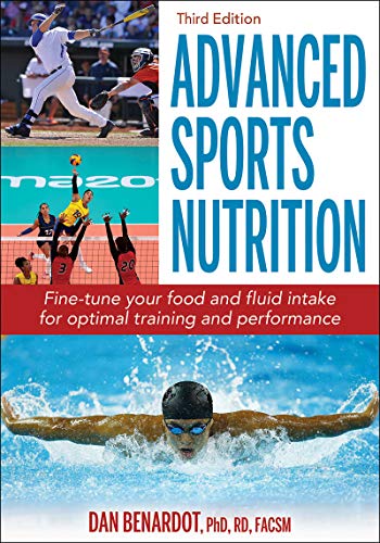 Book cover: "Advanced Sports Nutrition" with athletes in baseball, volleyball, and swimming.