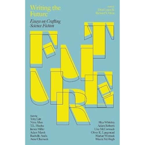 Book cover: "Writing the Future," blue background with yellow abstract text.