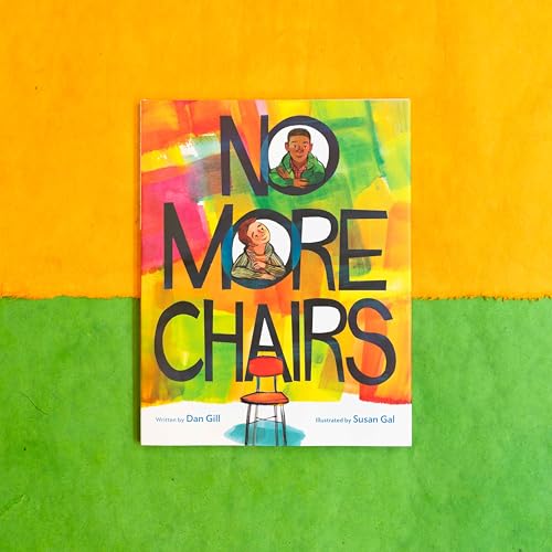 Book cover: "No More Chairs" with colorful abstract background and portraits.