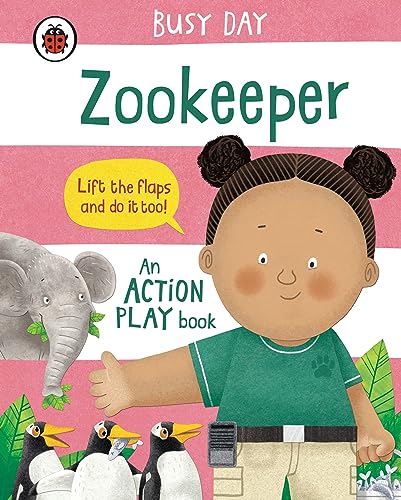 Book cover showing a zookeeper girl with an elephant and penguins on pink background.